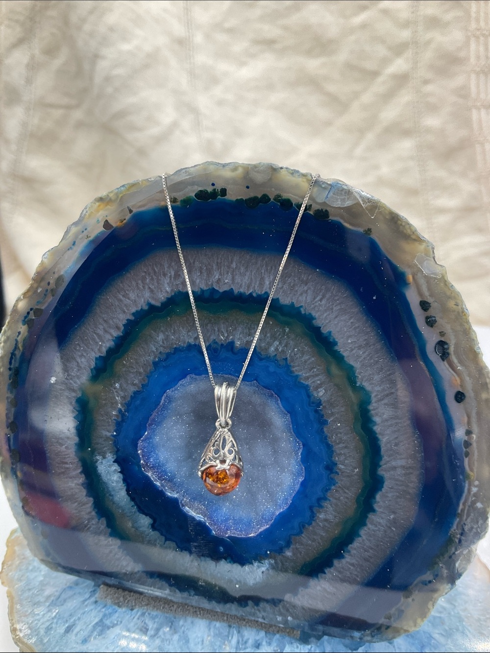 18” Italian Sterling Silver Necklace With Amber Teardrop Pendant - Picture 7 of 9